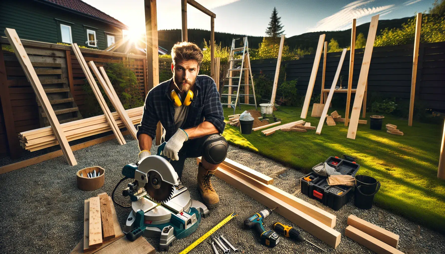 Norwegian diyer choosing precise tools for building a sturdy pergola
