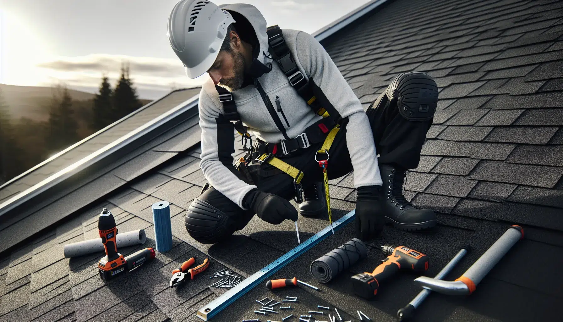 Norwegian roofer using safety gear and tools on a shingle roof