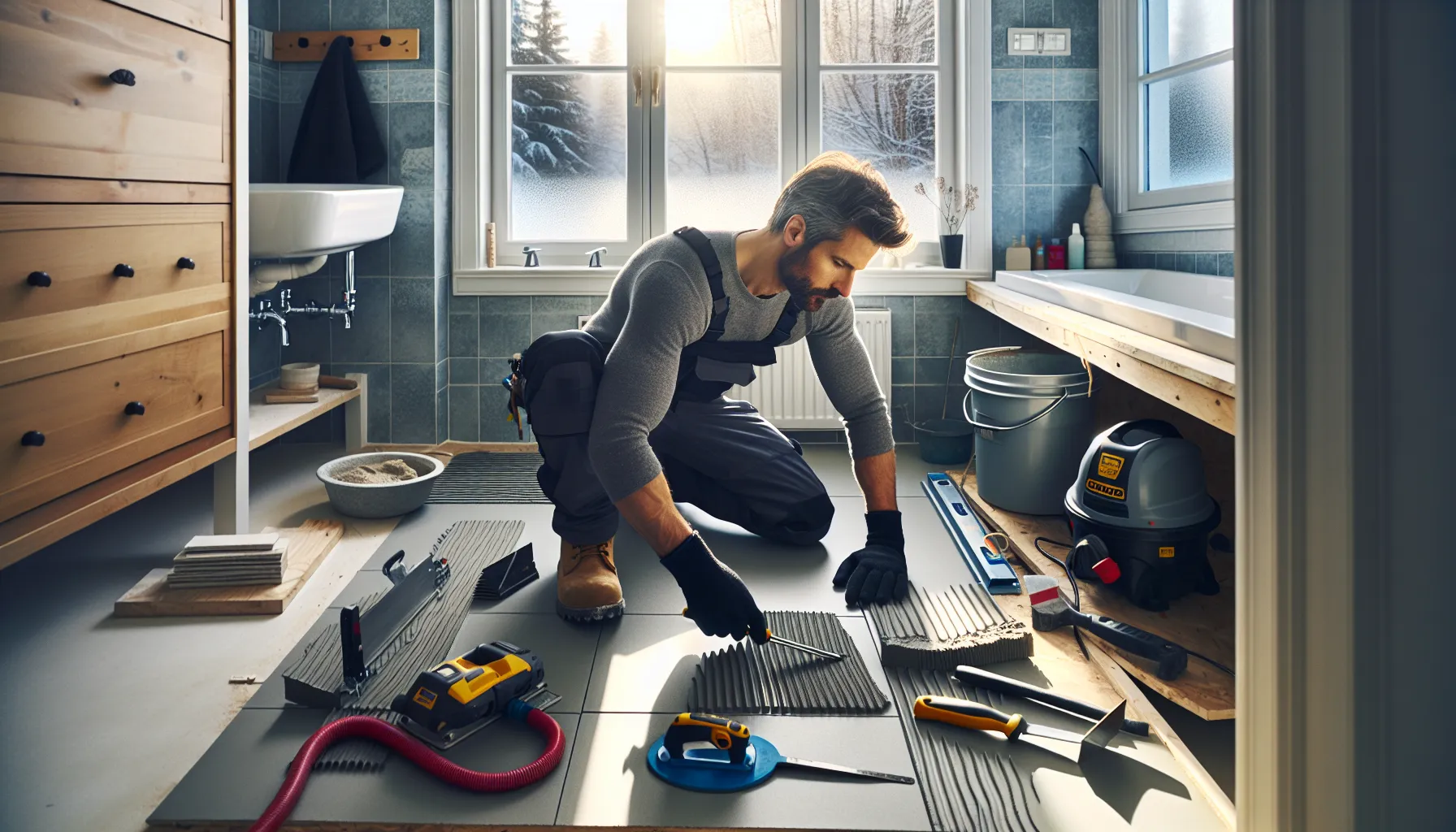 Norwegian tiler choosing and using proper tools while laying large bathroom tiles