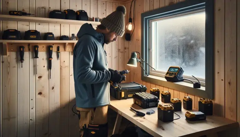 Norwegian tradesperson maintaining cordless tools and li ion batteries in a workshop