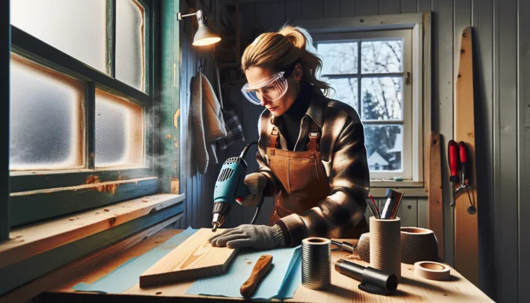 Person safely using a heat gun to strip paint in a nordic workshop