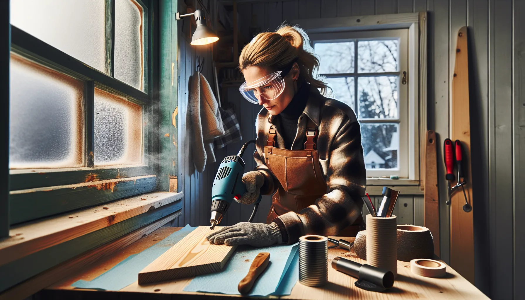 Person safely using a heat gun to strip paint in a nordic workshop